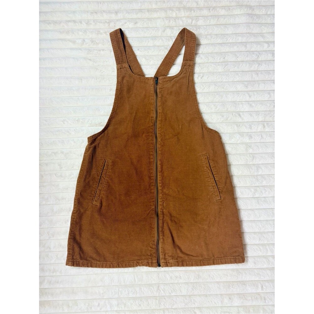 A-103 Forever 21 Corduroy Pinafore Dress Rust Brown Front Zip Sleeveless LG